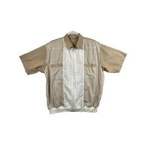 80s VTG Tropi-Cool Mens Shirt Zip Front Tan & White Striped Short Sleeve Bowling